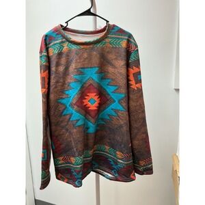 Women's Southwest‎ Aztec Print Long Sleeve Fleece Lined Top 3XL Brown